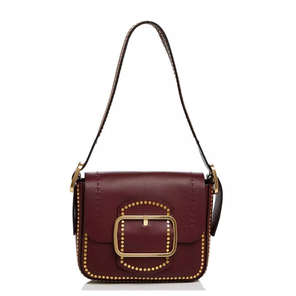 Tory Burch Sawyer Leather Maroon Gold Studded Big Buckle Small Shoulder Bag